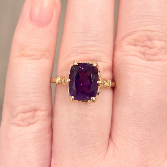 14K Amethyst Diamond Solitaire Ring: Dark Cushion Cut Elegant Milgrain Size 6.5 - Picture 3 of 14